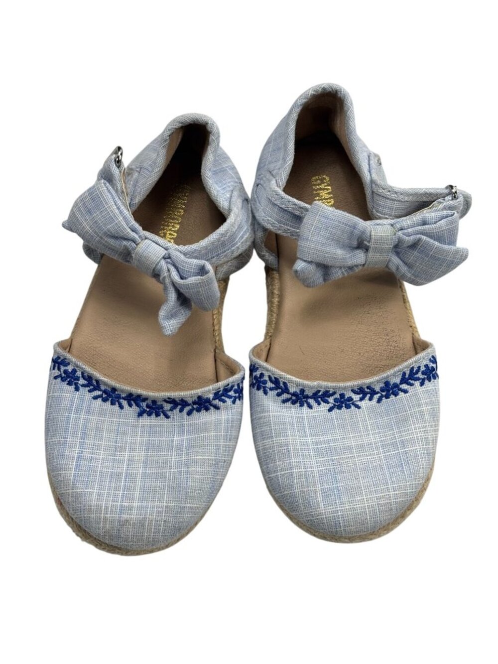 Childrens Blue Plaid Espadrille Flats With Embroidered Floral Trim & Ankle Bows